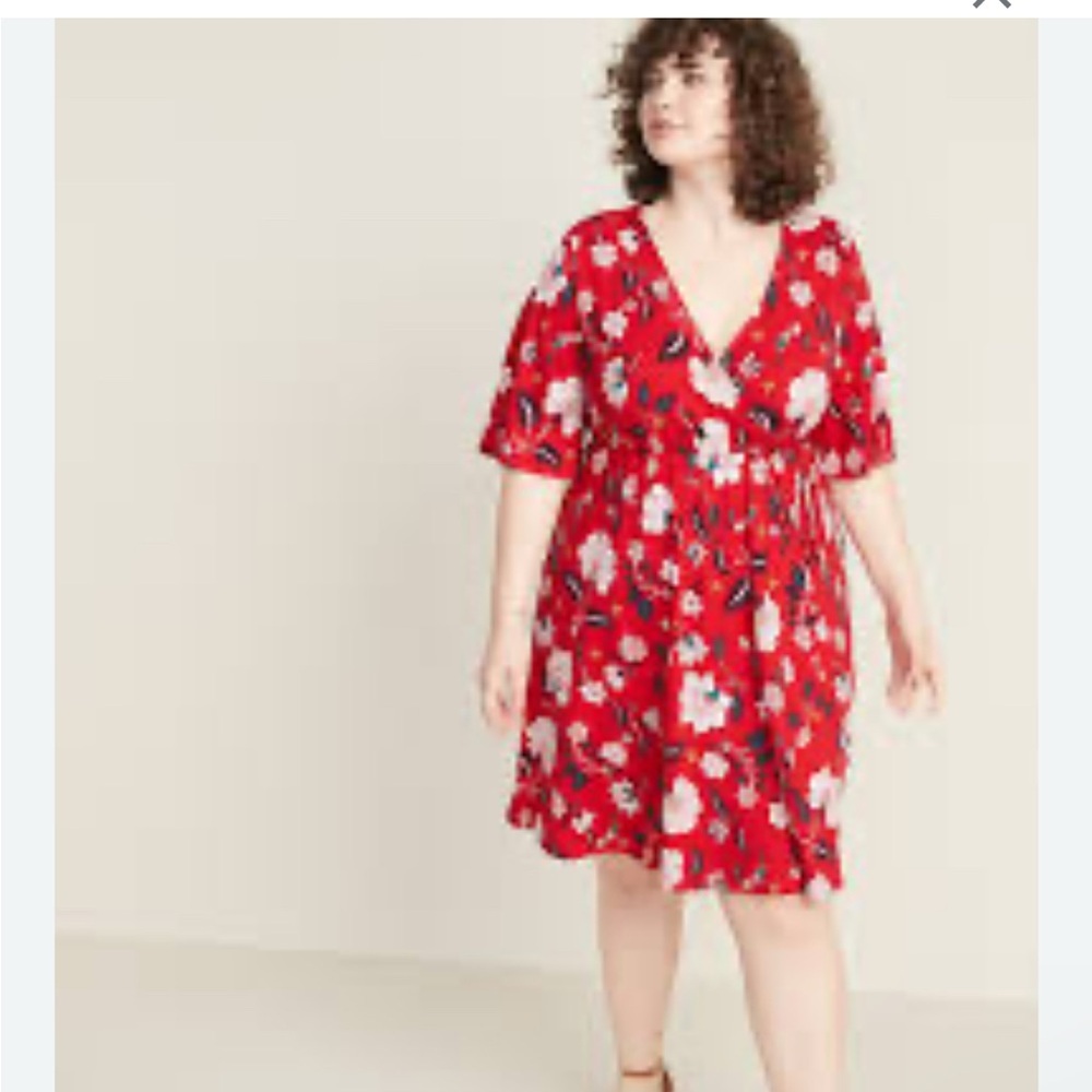 Floral Red Faux Wrap Dress NWOT
